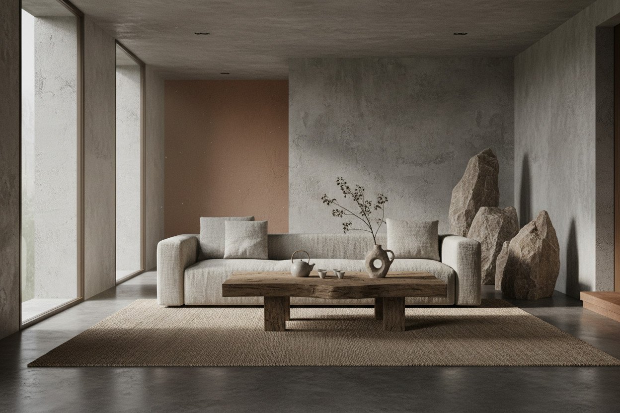 Surowe materiały i estetyka wabi-sabi w modnych wnętrzach